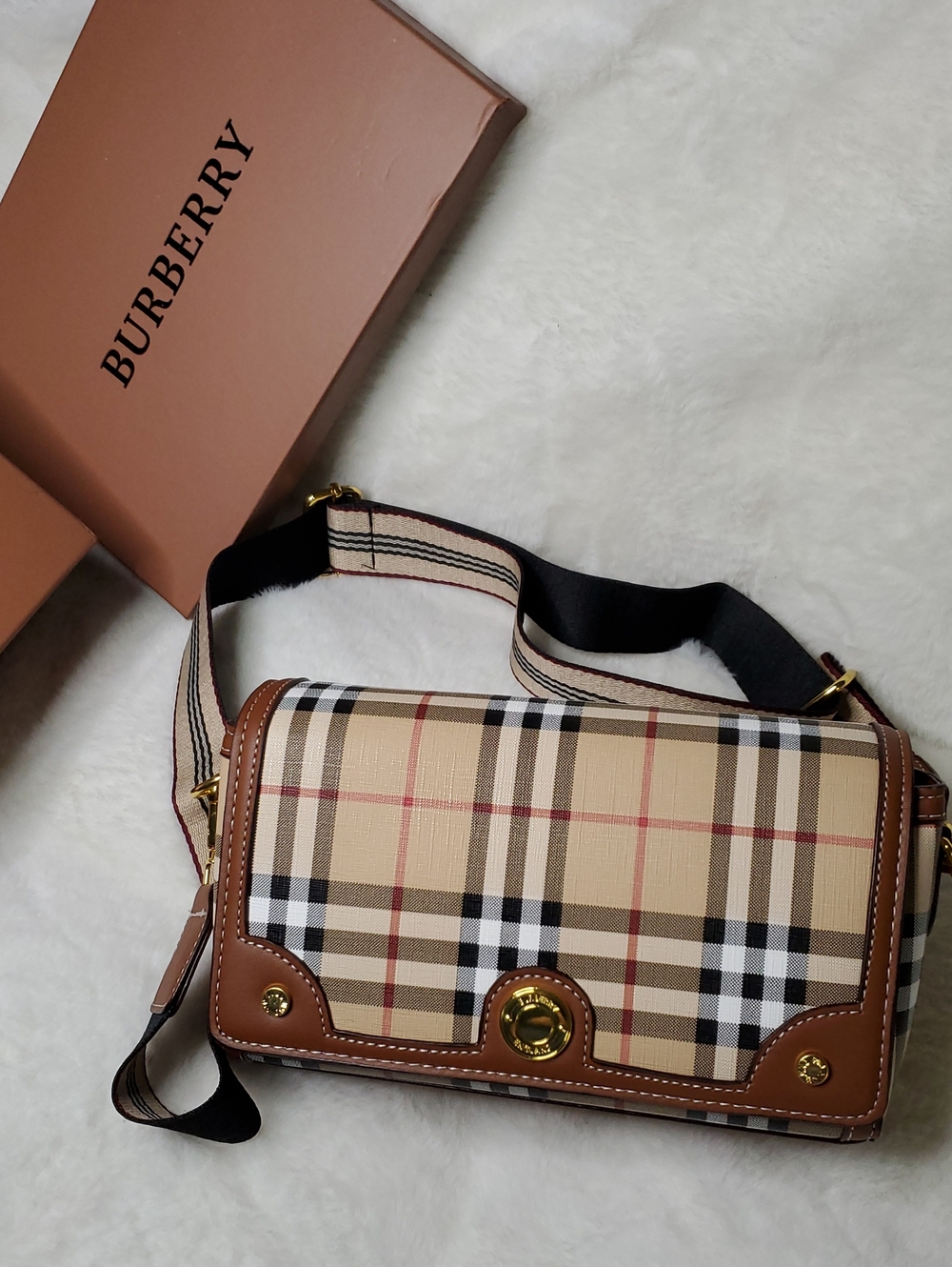 Burr Beige Plaid Crossbody with Brown Trim